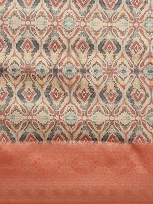 Cream-Coloured & Orange Ethnic Motifs Zari Silk Blend Banarasi Saree 4