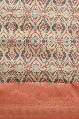 Cream-Coloured & Orange Ethnic Motifs Zari Silk Blend Banarasi Saree
