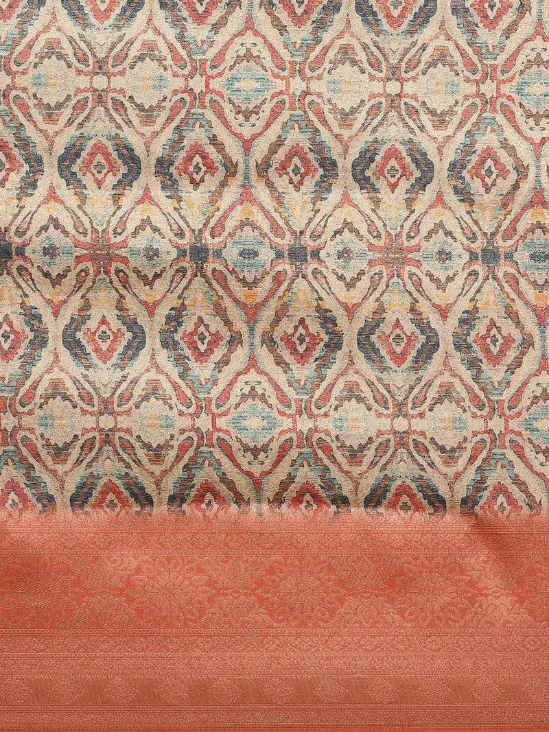 Cream-Coloured & Orange Ethnic Motifs Zari Silk Blend Banarasi Saree