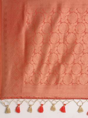 Cream-Coloured & Orange Ethnic Motifs Zari Silk Blend Banarasi Saree 5