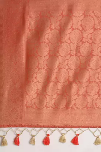 Cream-Coloured & Orange Ethnic Motifs Zari Silk Blend Banarasi Saree