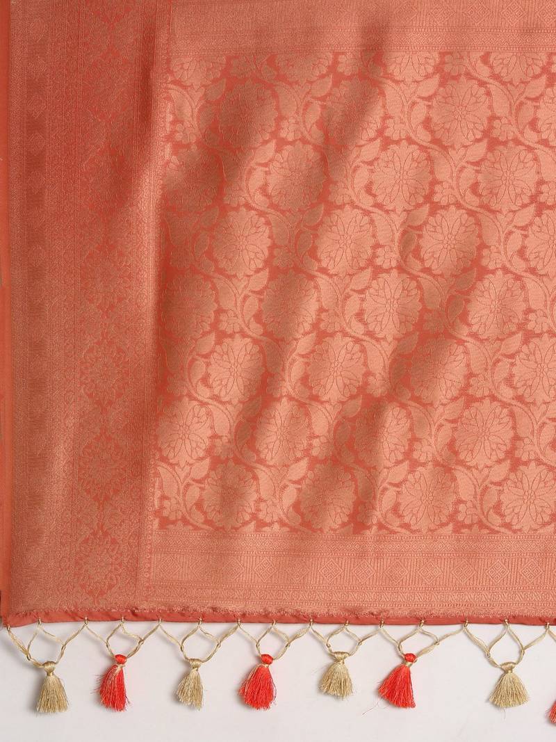 Cream-Coloured & Orange Ethnic Motifs Zari Silk Blend Banarasi Saree