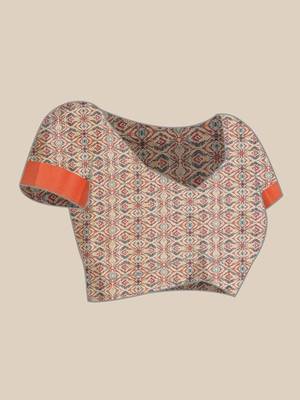 Cream-Coloured & Orange Ethnic Motifs Zari Silk Blend Banarasi Saree 7