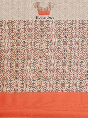 Cream-Coloured & Orange Ethnic Motifs Zari Silk Blend Banarasi Saree 8