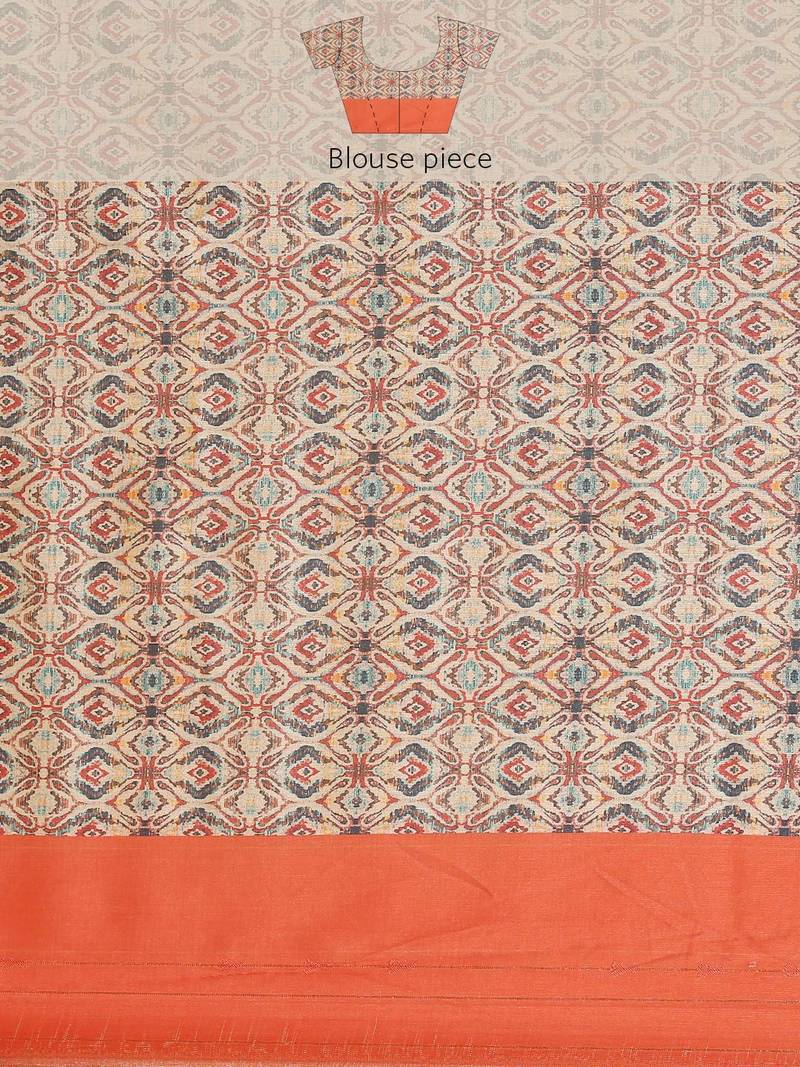 Cream-Coloured & Orange Ethnic Motifs Zari Silk Blend Banarasi Saree