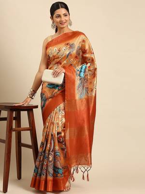 Orange & Blue Floral Print Tussar Saree 1