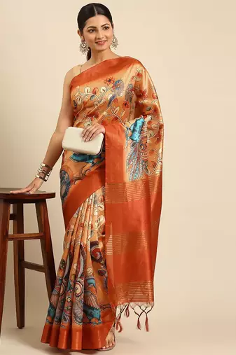 Orange & Blue Floral Print Tussar Saree