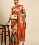Orange & Blue Floral Print Tussar Saree
