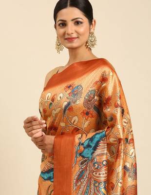 Orange & Blue Floral Print Tussar Saree 2