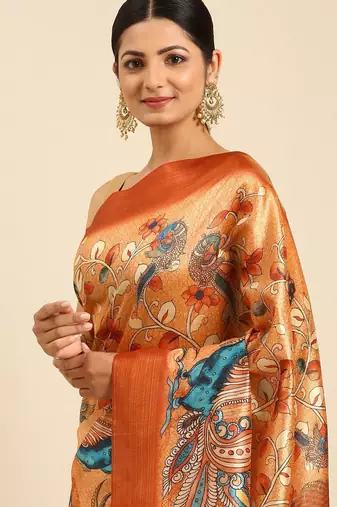Orange & Blue Floral Print Tussar Saree