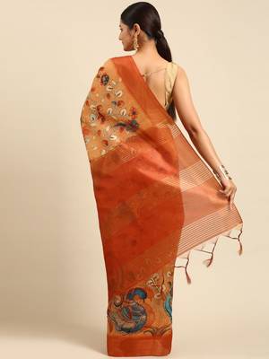 Orange & Blue Floral Print Tussar Saree 3