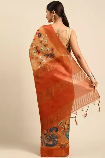 Orange & Blue Floral Print Tussar Saree