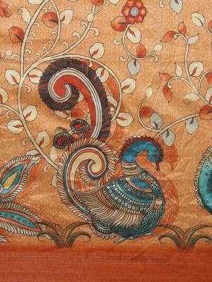Orange & Blue Floral Print Tussar Saree 4