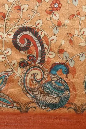 Orange & Blue Floral Print Tussar Saree