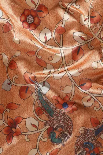Orange & Blue Floral Print Tussar Saree