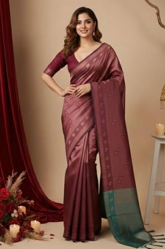 maroon color silk blend saree for graceful ceremonial looks