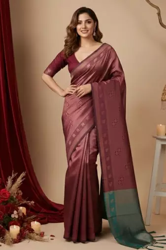 maroon color silk blend saree for graceful ceremonial looks