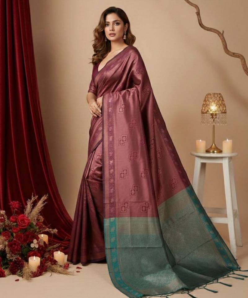 maroon color silk blend saree for graceful ceremonial looks