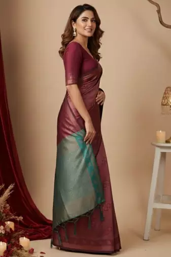 maroon color silk blend saree for graceful ceremonial looks