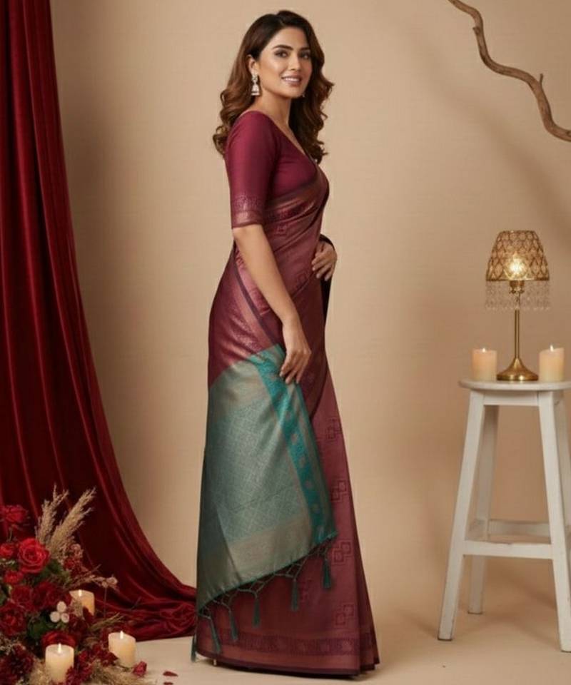 maroon color silk blend saree for graceful ceremonial looks