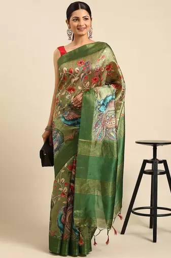 Green & Red Kalamkari Tussar Saree