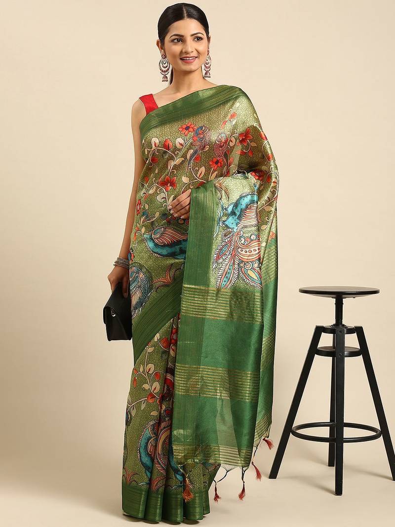 Green & Red Kalamkari Tussar Saree