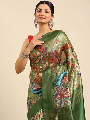 Green & Red Kalamkari Tussar Saree 2