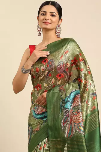 Green & Red Kalamkari Tussar Saree