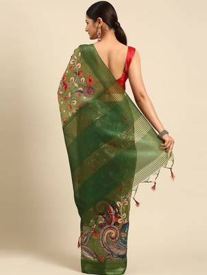 Green & Red Kalamkari Tussar Saree 3