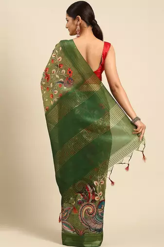 Green & Red Kalamkari Tussar Saree