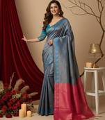 teal blue/pink color silk blend saree for graceful ceremonial looks
