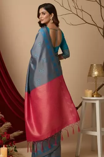 teal blue/pink color silk blend saree for graceful ceremonial looks