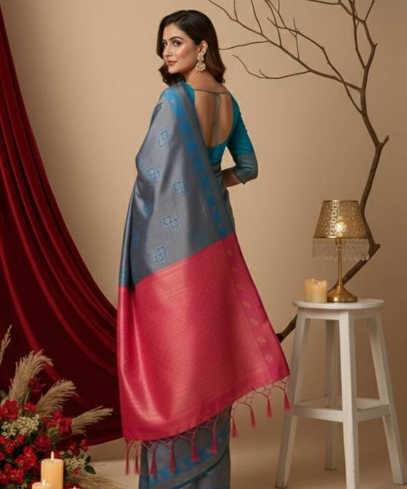 teal blue/pink color silk blend saree for graceful ceremonial looks