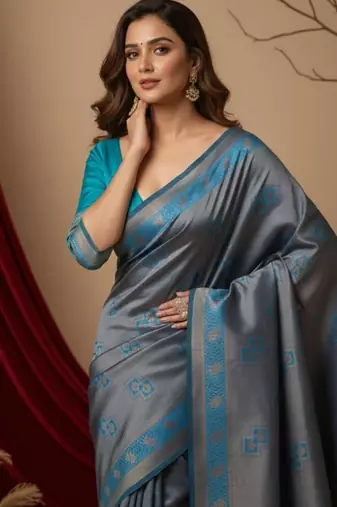 teal blue/pink color silk blend saree for graceful ceremonial looks