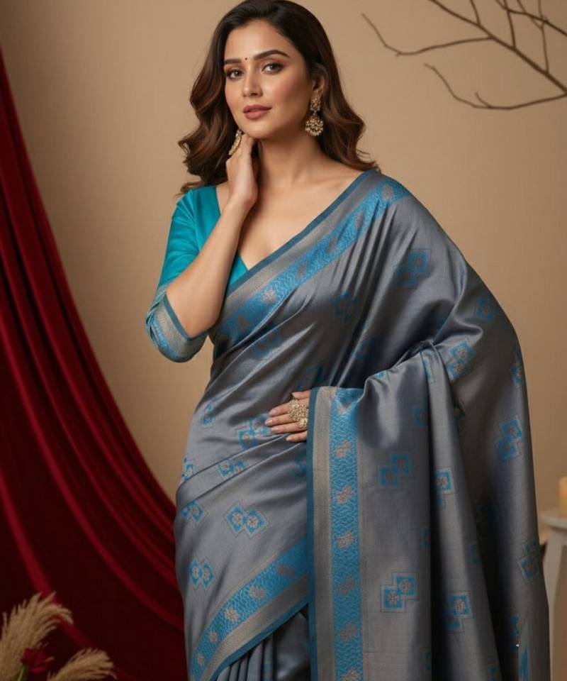 teal blue/pink color silk blend saree for graceful ceremonial looks