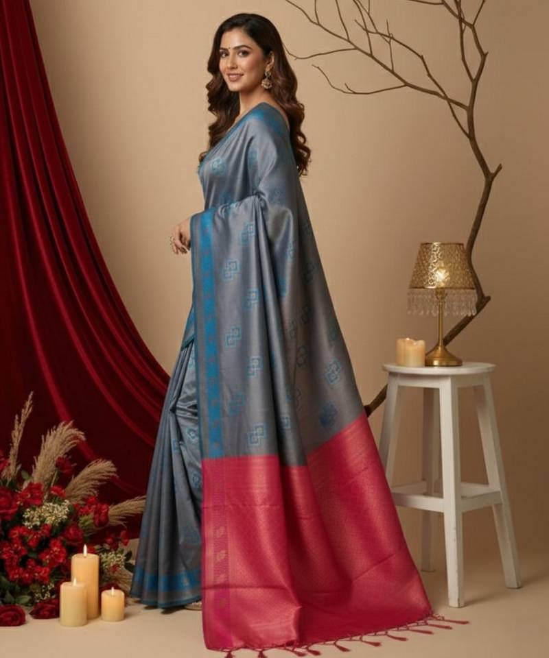 teal blue/pink color silk blend saree for graceful ceremonial looks