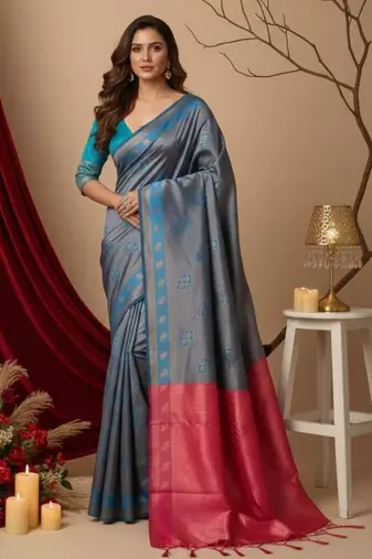 teal blue/pink color silk blend saree for graceful ceremonial looks