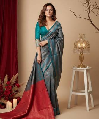 teal blue/red color silk blend saree for graceful ceremonial looks 1