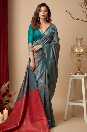 teal blue/red color silk blend saree for graceful ceremonial looks