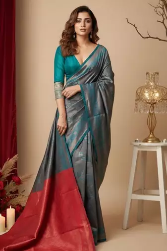 teal blue/red color silk blend saree for graceful ceremonial looks
