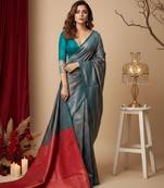 teal blue/red color silk blend saree for graceful ceremonial looks
