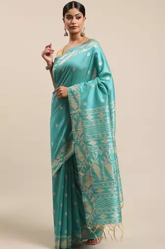 Turquoise Blue Ethnic Motifs Bhagalpuri Saree