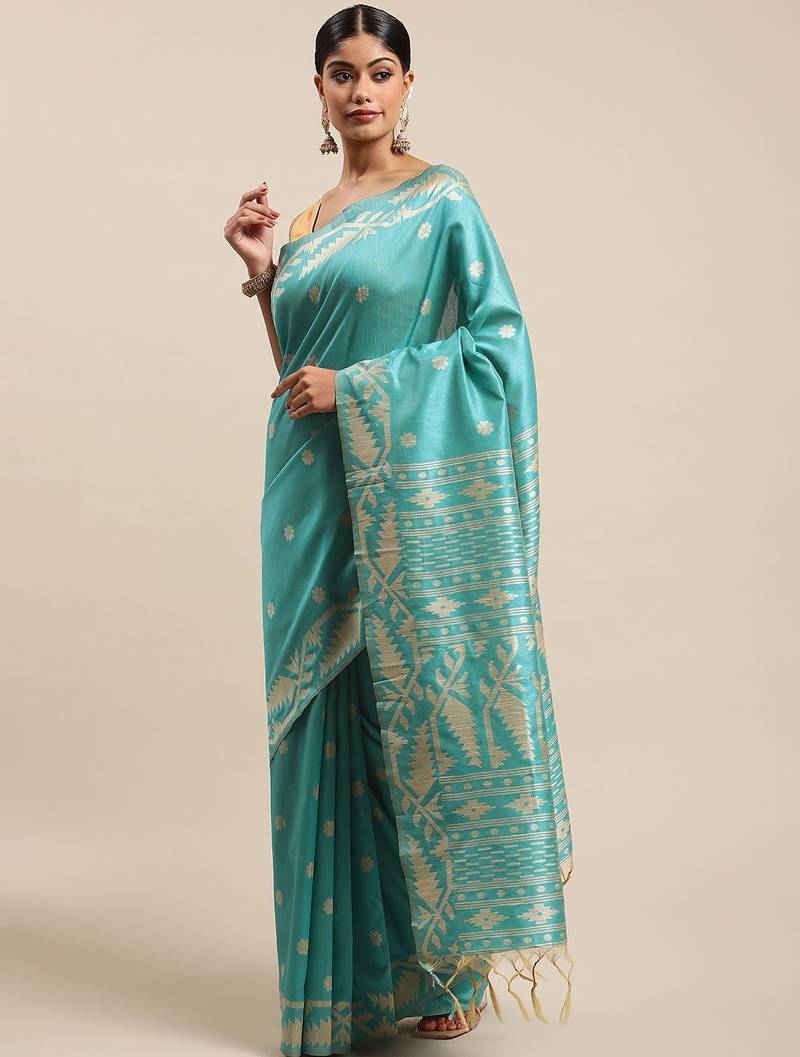 Turquoise Blue Ethnic Motifs Bhagalpuri Saree