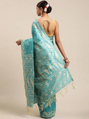Turquoise Blue Ethnic Motifs Bhagalpuri Saree 2