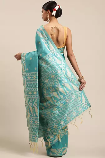 Turquoise Blue Ethnic Motifs Bhagalpuri Saree
