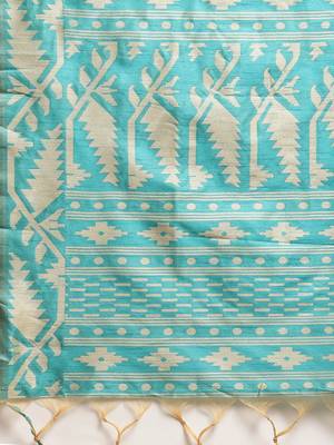 Turquoise Blue Ethnic Motifs Bhagalpuri Saree 4