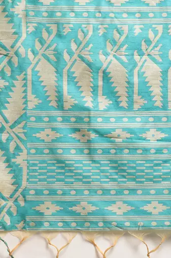 Turquoise Blue Ethnic Motifs Bhagalpuri Saree
