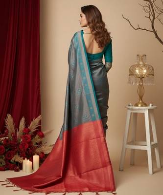 teal blue/red color silk blend saree for graceful ceremonial looks 2