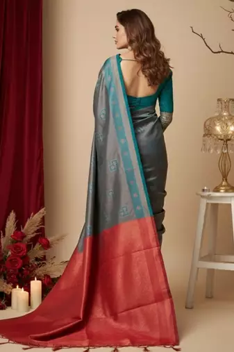teal blue/red color silk blend saree for graceful ceremonial looks