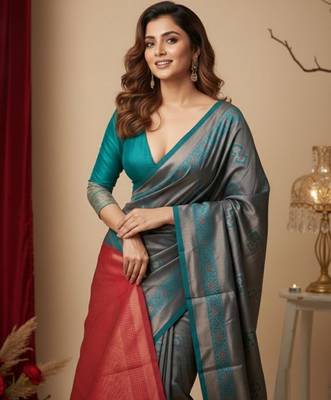 teal blue/red color silk blend saree for graceful ceremonial looks 3